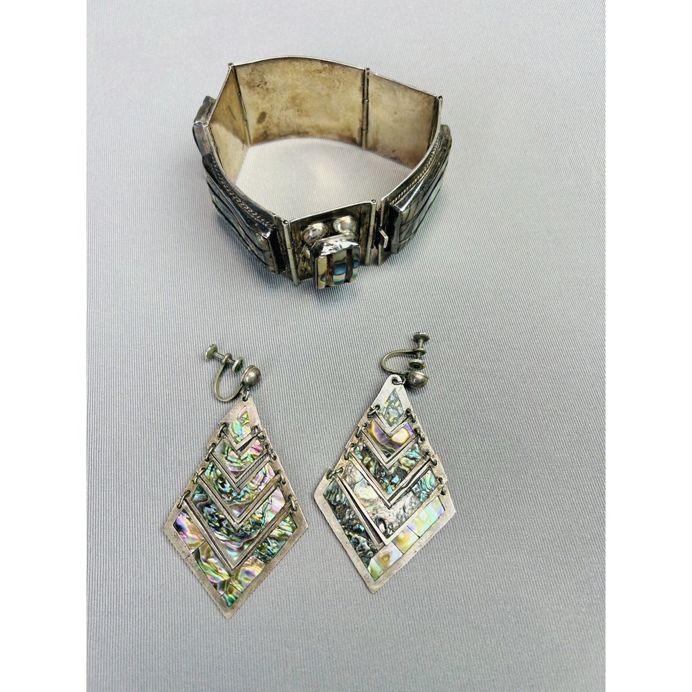 Sterling‎ Silver Set Of Mexican Cuff Bracelet And Dangle Earrings .925 Fan Fan - Picture 2 of 6